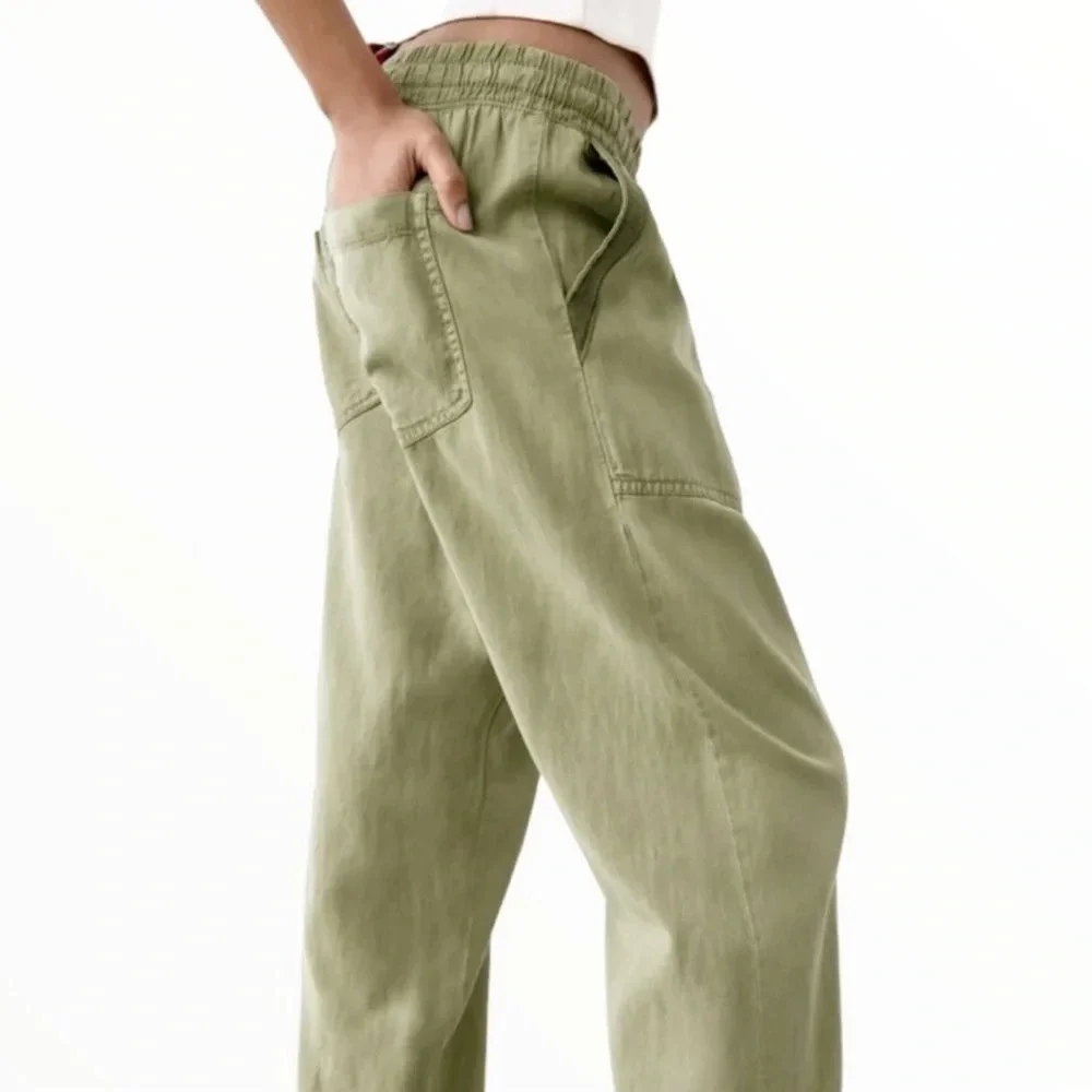 Zara Cargo Linen Jogger Cropped Pants with pockets in Olive Army Green XS